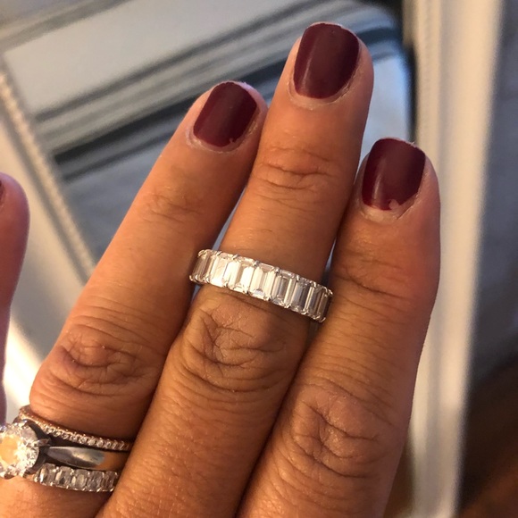 Emerald Diamond White Gold Plated Band Ring - Picture 8 of 10